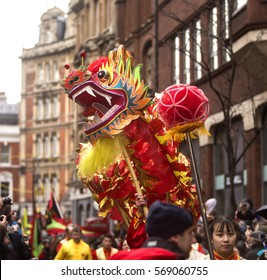 London, United Kingdom - January 29, 2017: Chinese New Year. A parade moved through the China town quarter of London to celebrate the Chinese New Year, the year of the rooster.