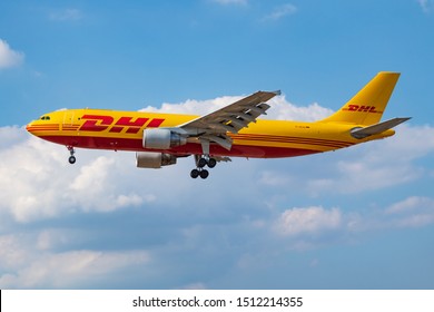 LONDON / UNITED KINGDOM - JULY 14, 2018: DHL Aviation Airbus A300 D-AEAA cargo plane landing at London Heathrow Airport