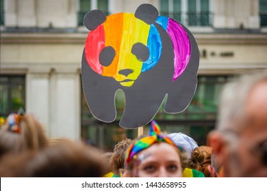 LONDON, UNITED KINGDOM - JULY 2019: WWF Logo, Panda Is Coloured In Rainbow Colours On Pride Parade In London