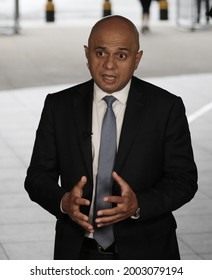 London, United Kingdom - July 6 2021: UK Secretary Of State Fo Health And Social Care Said Javid Is Seen Speaking To Press Outside BBC Broadcasting House.