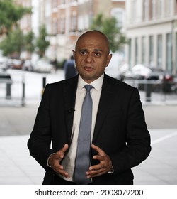 London, United Kingdom - July 6 2021: UK Secretary Of State Fo Health And Social Care Said Javid Is Seen Speaking To Press Outside BBC Broadcasting House.