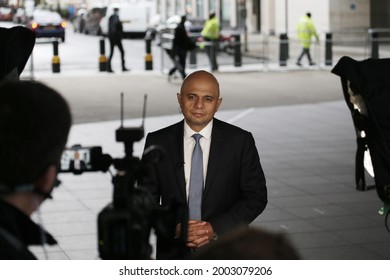 London, United Kingdom - July 6 2021: UK Secretary of State fo Health and Social Care Said Javid is seen speaking to press outside BBC Broadcasting House.