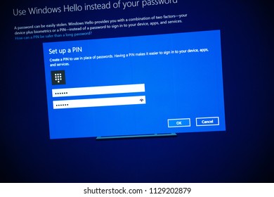 LONDON, UNITED KINGDOM - Jun 15, 2017: Set Up A Secret PIN Number On A Computer Display During Microsoft Windows Installation And Activation On A New Computer Server