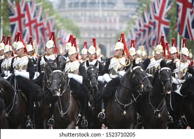 London / United Kingdom - June 11 2016: The Blues and Royals (the Royal Horse Guards and 1st Dragoon) during the Trooping the Colour held on the Queen's 90th birthday