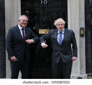 London, United Kingdom - June 14 2021: UK Prime Minister Boris Johnson welcomes Australian Prime Minister Scott Morrison to 10 Downing Street.