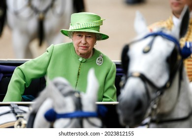 London, United Kingdom - June 16, 2007: Her Royal Highness Queen Elizabeth II travels by carriage during the Trooping the Colour ceremony. 