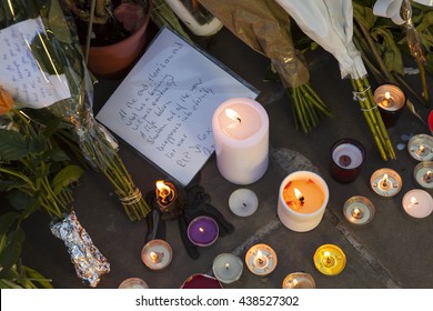 London, United Kingdom - June 17, 2016: Jo Cox's Vigil. A Candlelit Vigil Was Held In Parliament Square For The Murdered MP, Jo Cox. People Lit Candles, Left Flowers, Wrote Messages And Mourned.