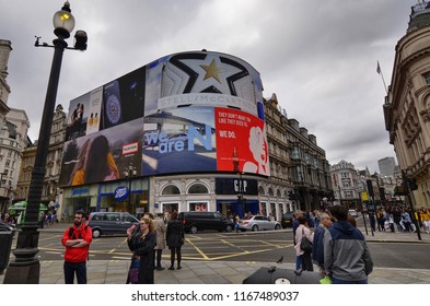 London, United Kingdom, June 2018. Piccadilly Circus: crowded with tourists, a crossroads of urban traffic, colored by large advertising light panels. It is a point of reference for London.