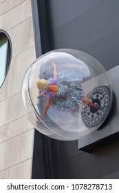 LONDON, UNITED KINGDOM - JUNE 22, 2017 : Ballet Dancer Dancing In A Transparent Sphere On Facade Of Royal Opera House, Covent Garden