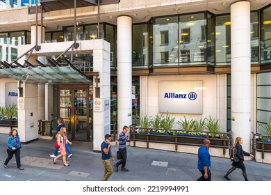 London, United Kingdom - June 22, 2018: Allianz Multinational Financial Services Corporation Company Office Headquarters With Business People