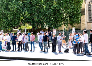 London, United Kingdom - June 25, 2018: People, Crowd At Bangladesh Protest In UK, England By Westminster, Signs For Begum Khaleda Zia, Former Nationalist Party Leader