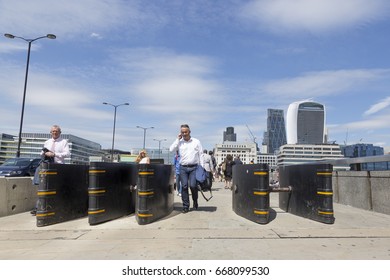 London, United Kingdom - June 26, 2017: Anti-terror Barriers Installed On London Bridge To Protect The Public From Future Car Terror Atacks.