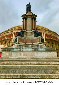 London, London / United Kingdom - March 1 2019: Royal Albert Hall Exterior Staircase Statue Monument Venue