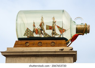 London, United Kingdom; March 15th 2011: Sculpture Of Admiral Nelson's Ship In A Bottle, In Trafalgar Square.