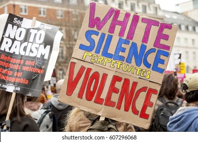 London, United Kingdom - March 18, 2017: Anti-Racist March In London. A March Of Activist Against Racism Wound Through The Streets Of The City Of London, Ending Up In Parliament  Square.