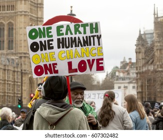 London, United Kingdom - March 18, 2017: Anti-Racist March In London. A March Of Activist Against Racism Wound Through The Streets Of The City Of London, Ending Up In Parliament  Square.