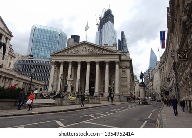 London / United Kingdom - March 20 2019: Photo from iconic Royal Exchange building in district of Bank in the heart of London on a cloudy sky - Shutterstock ID 1354952414