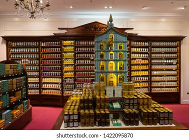 London / United Kingdom - March 20 2017: Honey pots of a fancy sweeties shop where prices are very high. Cozy place where visitors get free samples and it it is difficult to leave without purchase.