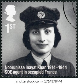 LONDON, UNITED KINGDOM - MARCH 25, 2014: A stamp printed in United Kingdom shows Noorunissa Inayat Khan (1914-1944), Remarkable Lives, 100th Birth Anniversaries, 2014 