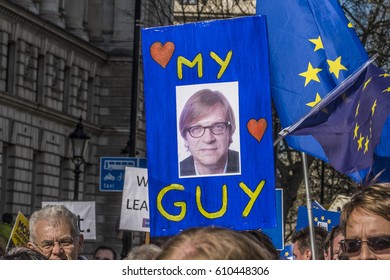 LONDON, UNITED KINGDOM - MARCH 25, 2017:  Placard Showing Guy Verhofstadt, European Parliament's Lead Brexit Negotiator, At Unite For Europe March.