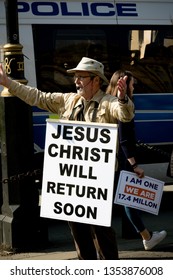 London, United Kingdom, March 29th 2019:- Street Preacher Outside The British Parliament Stating Jeus Christ Will Return Soon