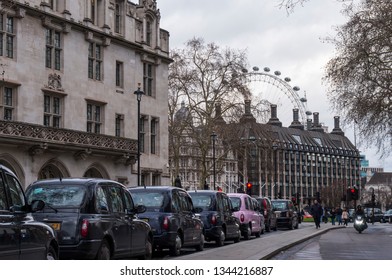 London, United Kingdom - March 4, 2019: Taxi Rank London Taxis Black Cabs Queue For Passengers Near Houses Of Parliament 