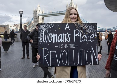 London, United Kingdom - March 5, 2017: International Women's Day March. A march for women was held from London Town Hall across the Thames to the Tower of London.