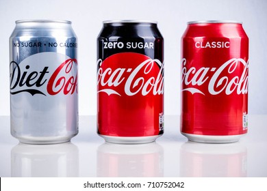 London, United Kingdom - May 11, 2017. Can of Coke Zero, Diet Coke & Classic Coca-Cola. Classic Coca-Cola has aproximately seven teaspoons of sugar per 330ml can, unlike Diet Coke and Coke Zero