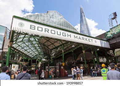 LONDON, UNITED KINGDOM - MAY 14, 2014: The sign for one of the entrances to Borough Market, near London Bridge. It is one of the largest and oldest food markets in London.