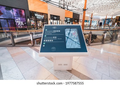 London  United Kingdom - May 19 2021 Digital wayfinding touch screen. display panel, 02 arena shopping outlet in North Greenwich Peninsula