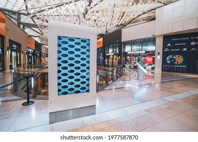 London United Kingdom - May 19 2021 Digital Billboard Wayfinding Touch Screen. Display Panel, 02 Arena Shopping Outlet In North Greenwich Peninsula