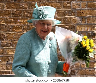 London, United Kingdom- May 24, 2019: The Queen arrives to visit a replica of one of the original Sainsbury's to celebrate Sainsbury's 150th years in Covent garden in London, UK.