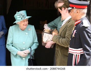 London, United Kingdom- May 24, 2019: The Queen arrives to visit a replica of one of the original Sainsbury's to celebrate Sainsbury's 150th years in Covent garden in London, England.
