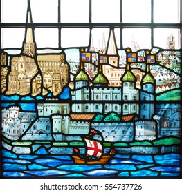 London, United Kingdom - May 26, 2016: Tower Of London On Stained Glass Window. A Ship Sails In Front Of The Tower Of London In A Stained Glass Window At The Medieval Church All Hallows By The Tower.