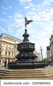 London, United Kingdom - May 27, 2016: Memorial fountain with statue of Eros in Piccadilly Circus, London, England