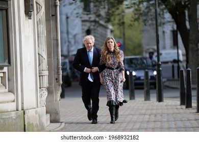 London, United Kingdom - May 6 2021: UK Prime Minister Boris Johnson and his fiancee Carrie Symonds is seen outside a polling station.
