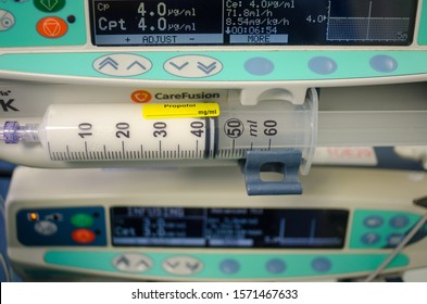 London, United Kingdom. Nov 25 2019. An infusion pump with Propofol for total intravenous anaesthesia (TIVA) - used instead of anaesthetic gases during surgery - has improved patient experience. 