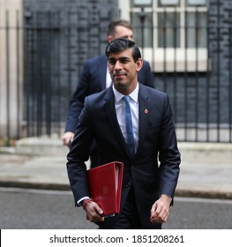 LONDON, UNITED KINGDOM - November 10  2020: Chancellor Of The Exchequer Rishi Sunak Leaves  Downing Street To Attend The Cabinet Meeting.