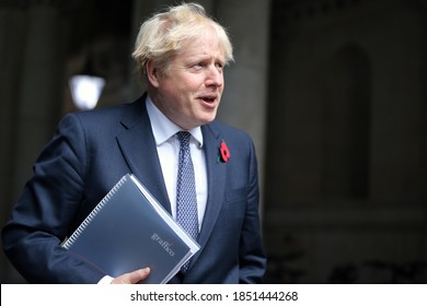 LONDON, UNITED KINGDOM - November 10  2020: UK Prime Minister Boris Johnson arrives at  10 Downing Street after chairing the cabinet meeting. 