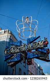 London, United Kingdom, November 17th 2018:- Sign Above Carnaby Street In The Soho Area Of London, Famous Since The 1960s For Its Independent Fashion Shops.