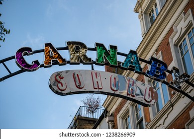 London, United Kingdom, November 17th 2018:- Sign Above Carnaby Street In The Soho Area Of London, Famous Since The 1960s For Its Independent Fashion Shops.