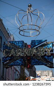 London, United Kingdom, November 17th 2018:- Sign Above Carnaby Street In The Soho Area Of London, Famous Since The 1960s For Its Independent Fashion Shops.