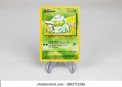 LONDON, UNITED KINGDOM - NOVEMBER 2020: The Front Of A Bulbasaur Pokemon Card -The Pokémon Trading Card Game Is A Collectible Card Game, Based On Nintendo's Pokémon Franchise Of Video Games And Anime.