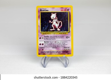 LONDON, UNITED KINGDOM - NOVEMBER 2020: Mewtwo Pokemon Card Front - The Pokémon Trading Card Game Is A Collectible Card Game, Based On Nintendo's Pokémon Franchise Of Video Games And Anime.