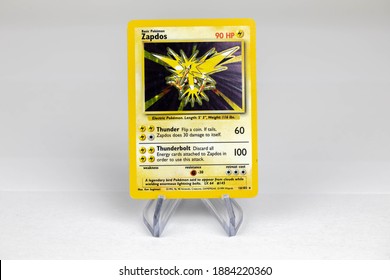 LONDON, UNITED KINGDOM - NOVEMBER 2020: Zapdos Pokemon Card Front - The Pokémon Trading Card Game Is A Collectible Card Game, Based On Nintendo's Pokémon Franchise Of Video Games And Anime.