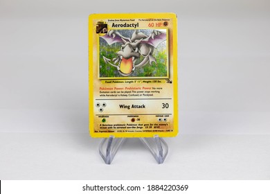 LONDON, UNITED KINGDOM - NOVEMBER 2020: Aerodactyl Pokemon Card Front - The Pokémon Trading Card Game Is A Collectible Card Game, Based On Nintendo's Pokémon Franchise Of Video Games And Anime.