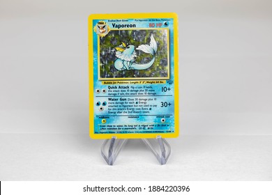 LONDON, UNITED KINGDOM - NOVEMBER 2020: Vaporeon Pokemon Card Front - The Pokémon Trading Card Game Is A Collectible Card Game, Based On Nintendo's Pokémon Franchise Of Video Games And Anime.