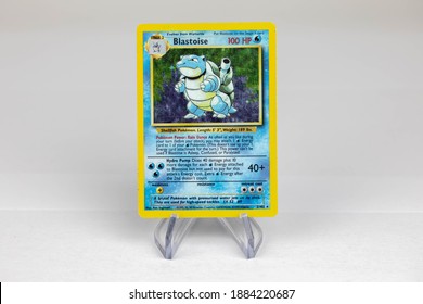 LONDON, UNITED KINGDOM - NOVEMBER 2020: Blastoise Pokemon Card Front - The Pokémon Trading Card Game Is A Collectible Card Game, Based On Nintendo's Pokémon Franchise Of Video Games And Anime.