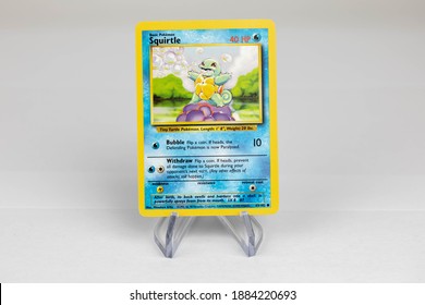 LONDON, UNITED KINGDOM - NOVEMBER 2020: Squirtle Pokemon Card Front - The Pokémon Trading Card Game Is A Collectible Card Game, Based On Nintendo's Pokémon Franchise Of Video Games And Anime.