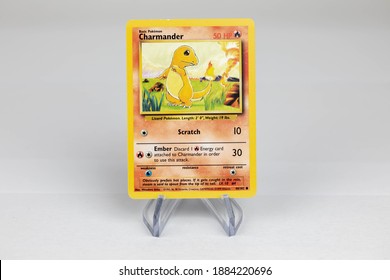 LONDON, UNITED KINGDOM - NOVEMBER 2020: Charmander Pokemon Card Front - The Pokémon Trading Card Game Is A Collectible Card Game, Based On Nintendo's Pokémon Franchise Of Video Games And Anime.